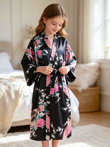 Young Girl Black Print Mid-Sleeve Long Robe - Multicolor - View 3