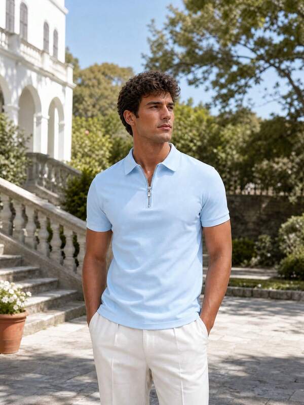 Men's Summer Zipper Polo Collar Short Sleeve T-Shirt, Slim Fit Casual Business Daily Wear Top