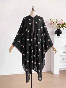 1pc Minimalist Heart Pattern Embroidered Split Shawl Kimono Sarong For Women, Bohemian Style Spring/Summer Beach Vacation Sun Protection Decorative Embroidered Cardigan, Suitable For Daily Wear, Perfect Gift Choice - Black - View 4