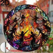 2D Flat Style 1pc Round Acrylic "Flame Witch Dancing" Sun Catcher Hanging Ornament, Flame Silhouette Print, Waterproof Light-Absorbing Window Decor, Perfect For Pagan Style Home Decoration, Halloween Gift - Colorful - View 4