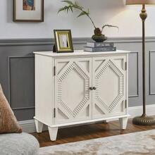 33.6" Retro Wooden Sideboard With Storage, Symmetrical Display Cabinets With Geometric Accents, Media Console For Living Room/Hallway/Dining Room/Kitchen, Antique White - View 3