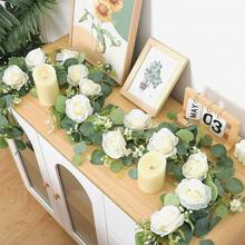 1件特長香檳玫瑰人造尤加利藤蔓，婚禮裝飾道具，適用於攝影道具、婚禮桌面裝飾、節日派對裝飾、戶外庭院裝飾（手工製品，正常脫落不影響正常使用） - 升級款 - 查看 7