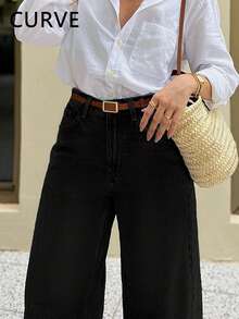 Urban High Street Washed Solid Color Distressed Casual Plus Size Slim Fit Denim Jeans, With Pockets, Extra Long - Black - View 5