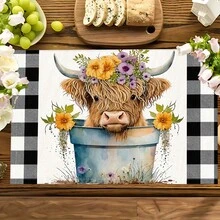1pc/4pcs/6pcs Highland Cow Pattern Printed Linen Placemats, Rectangular Table Mats, Washable, Easy To Clean, Plate Mats, Bowl Mats, Western Style Placemats, Suitable For Kitchen, Dining Room, Family Gatherings, Coffee Table And Daily Table Decoration - Multicolor - View 7