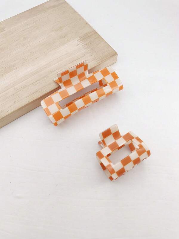 2pcs/Pack Hollow Rectangular Checkerboard Acrylic Hair Claw Clips, Casual Style, Suitable For Daily Wear