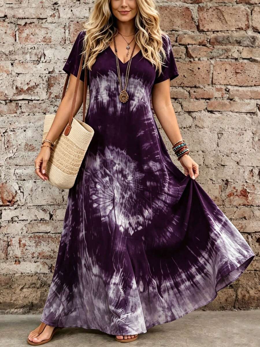 女款大尺碼紮染V領短袖洋裝,A字喇叭下擺波希米亞風優雅夏季連身裙 - 紫色 - 查看 1