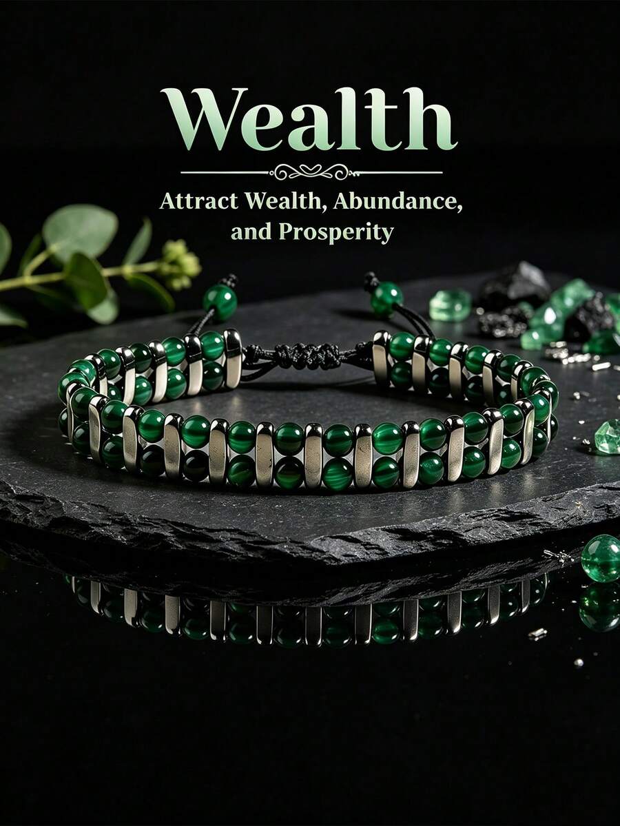 Handmade Double-Layer Green Tiger Eye Beaded Bracelet, Bohemian Adjustable Braided Rope Jewelry, Suitable For Daily Wear - Multicolor - View 1