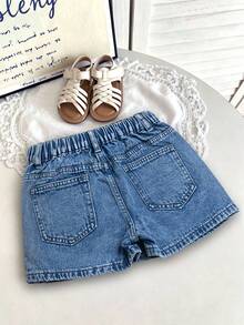 Young Girl 2-8 Years Cute & Simple Denim Hip-Covering Skort, Semi-Elastic Waist With Adjustable Drawstring, Classic Minimalist Style, Loose Fit, Suitable For All Seasons, Acid Wash Denim Skirt Shorts - Medium Wash - View 3