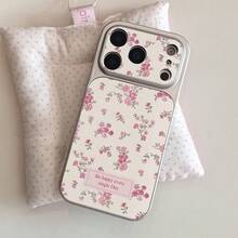 1pc Silver Frame Beige Litchi Texture Pink Rose Floral English Slogan Phone Case, Large Window Lens Full Coverage Soft Edge Hard Shell, Compatible With Apple Series, Gentle French Girl Style Anti-Drop Protective Case - Silver - View 2