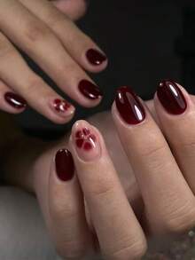 24pcs Autumn/Winter Vintage Street Style Spicy Girl Minimalist Casual Elegant Daily Wear Gold Metal Bead Decor Burgundy Floral Pattern Short Oval Press-On Nails Fake Nail Set, Suitable For Elegant And Sophisticated Girls And Women - Burgundy - View 11