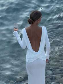 SYchuan Plain Sexy Backless Ruched Long Sleeve Dress White Spring Elegant - White - View 6