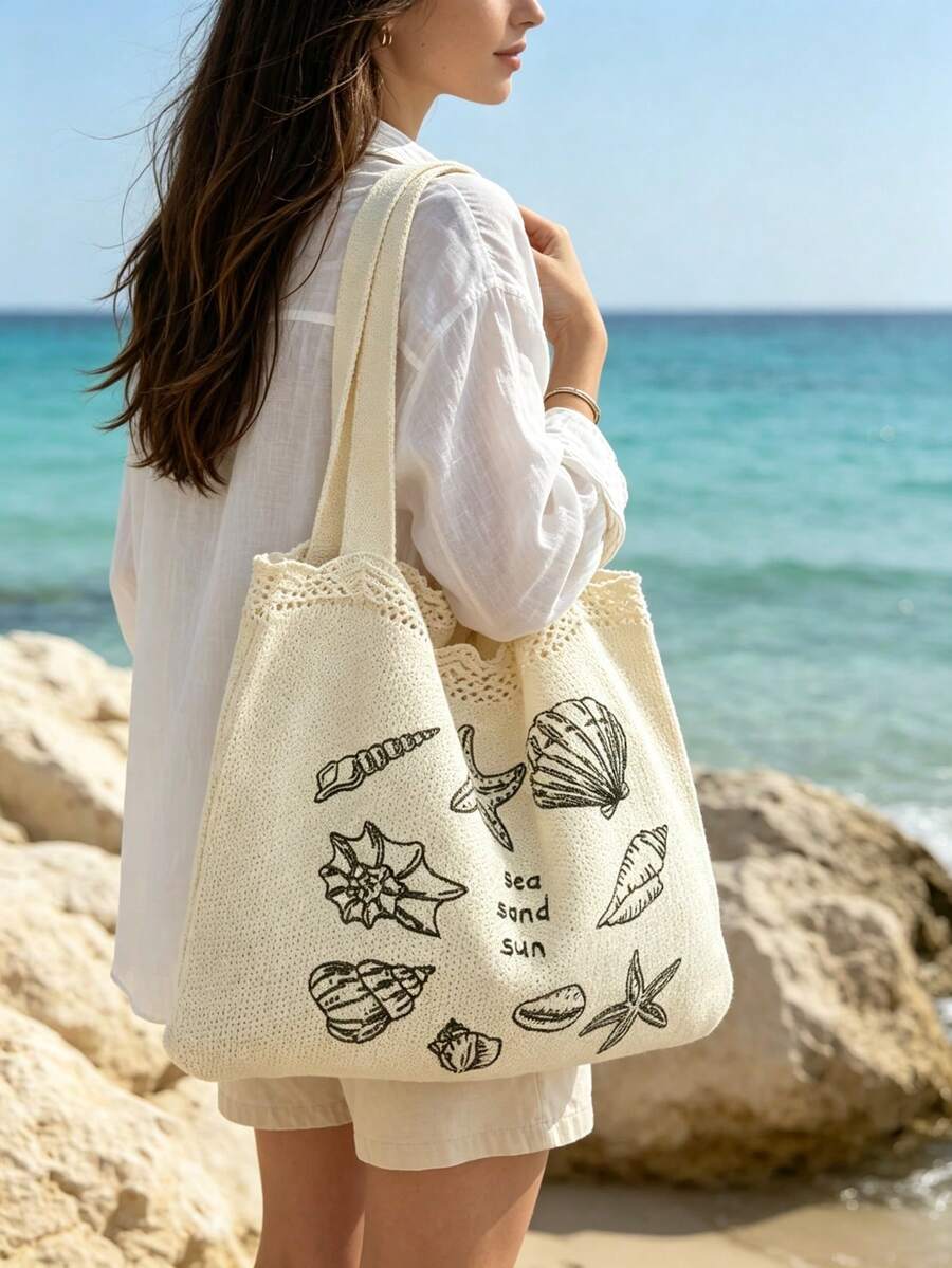 Women's Summer Beach Tote Bag - Crochet Design With Turtle Pattern, Large Capacity Open Top Handle, Suitable For Casual Outings And Beach Vacations