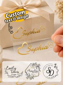 Custom Transparent Name Stickers, Elegant Personalized Gold Labels, Suitable For Gift Boxes, Cups And Party Favors, Customizable Text And Design Decals, Suitable For Wedding Decor, Birthday, Anniversary, Bridal Shower And Christmas Gifts, Small Business Packaging - Style a - View 1