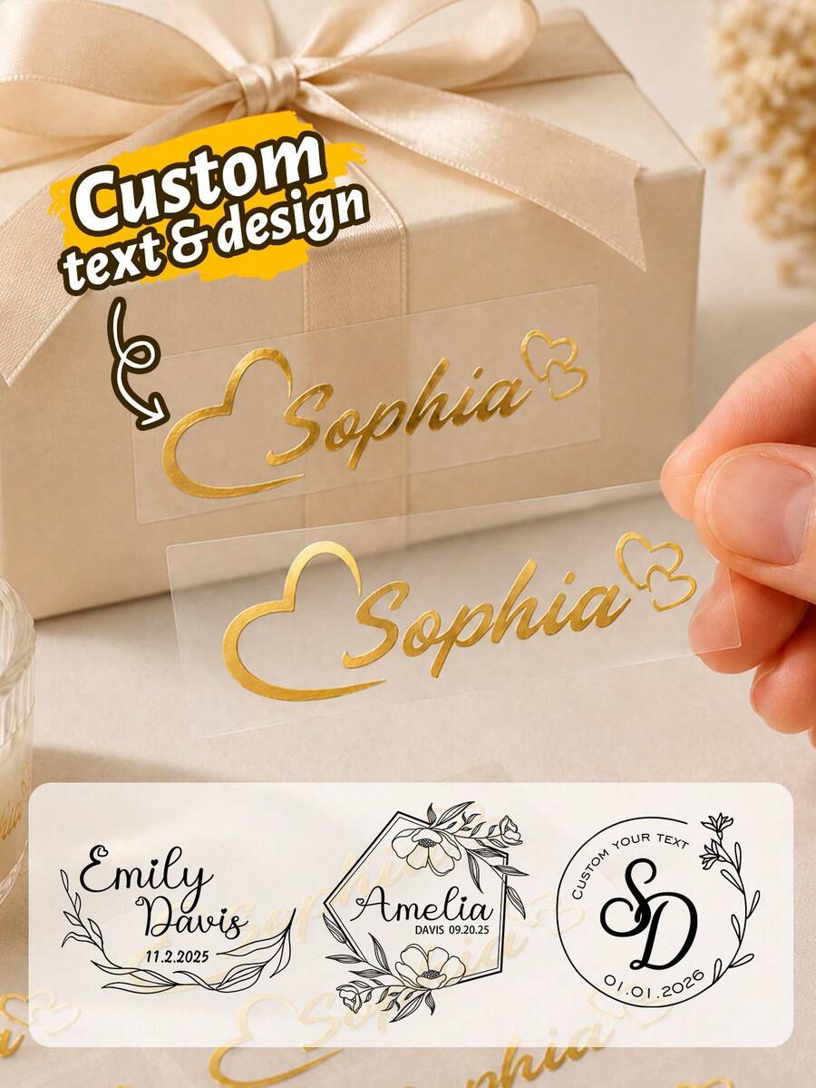 Custom Transparent Name Stickers, Elegant Personalized Gold Labels, Suitable For Gift Boxes, Cups And Party Favors, Customizable Text And Design Decals, Suitable For Wedding Decor, Birthday, Anniversary, Bridal Shower And Christmas Gifts, Small Business Packaging - Style a - View 1