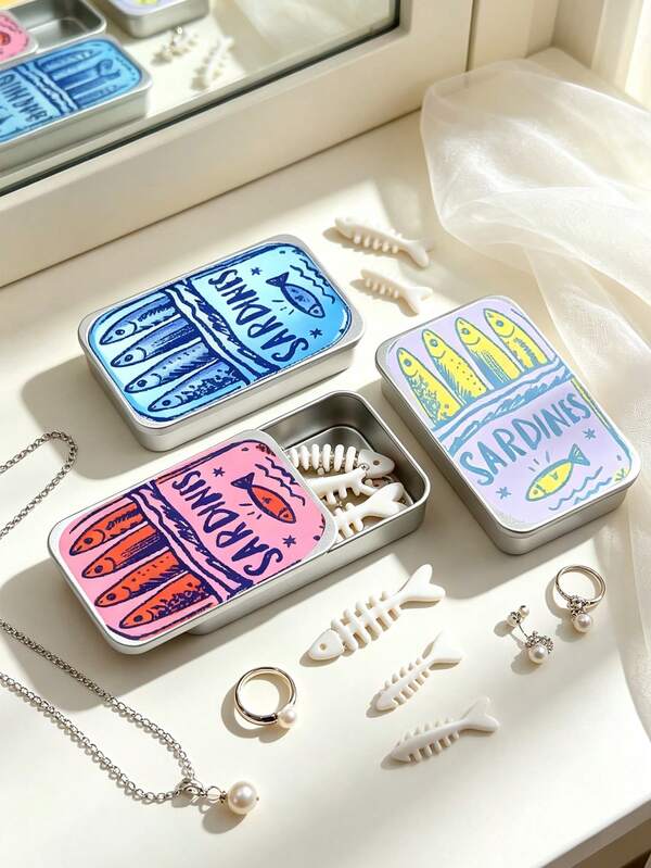 Vintage Sardine Mini Jewelry Storage Box, Sardine Can Shaped Sliding Lid Jewelry Box With Cartoon Fish Bone Divider And Snap Closure, Portable Jewelry Box, Mini Earring Box, Portable Ring Box, Travel Small Jewelry Storage Box, Organizes Earrings, Rings, Necklaces, Suitable For Commuting, Short Trips, Dorm Desk, Vanity Organization, Perfect Gift For Sisters, Best Friends, Female Friends And Colleagues, Classmates For Halloween, Back To School, Birthday, Holiday, Valentine's Day