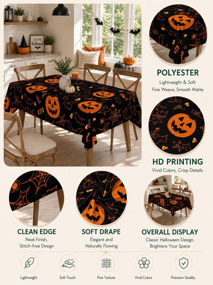 1pc-Jack-O'-Lantern Halloween Tablecloth, Orange Pumpkin Bat Spider Web Silhouette Print Table Cover, Classic Halloween Decor Table Cloth For Kitchen Dining Table, Patio Outdoor Halloween Gathering Autumn Party Supplies - Multicolor - View 5
