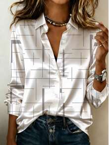 (Free Shipping)Women Fall White Silky Satin Long Sleeve Shirt; Elegant Loose Office Casual Blouse Top;Teacher Outfit For Women;Fall Outfit For Women - 多色13 - 查看 3