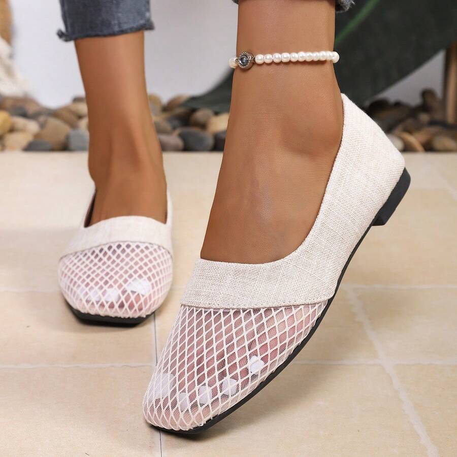 Zapatos Mary Jane de mujer con lentejuelas plateadas y encaje, zapatos con hebilla de malla, estilo estudiantil, zapatos planos plateados transpirables de verano, versátiles y suaves con suela blanda y empeine bajo - Blanco - Ver 1