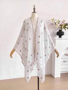 1件極簡心形刺繡開襟披肩式和服/圍裙，波希米亞風春夏海灘度假防曬罩衫，裝飾性刺繡開襟衫，適合日常穿著，送禮佳選 - 白色 - 查看 2