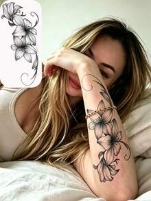 2pcs Lily Temporary Tattoo Sticker Set, Black & Gray And Red Gradient Sketch Floral Vine Body Tattoos, Waterproof Long-Lasting Large Size Arm & Shoulder Tattoos, Suitable For Women, Holiday, Halloween Party, Cosplay - Multicolor - View 3