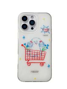 1 Buah Casing Ponsel Bergambar Keranjang Belanja Lucu, Anak Anjing Keriting, dan Bunga Tulip yang Dilukis Tangan, Kompatibel dengan Apple 11/12/13/14/15/16/17 Pro Max - Putih - View 3