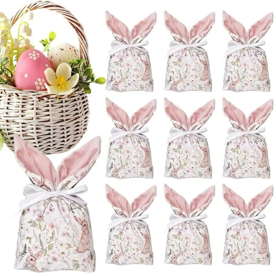 10pcs Easter Bunny Gift Bags Rabbit Ears Velvet Pouches Candy Cookies Easter Egg Packaging Bag Easter Party Decorations - Green 10pcs - View 1