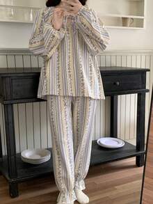 2pcs/Set Women's Pajamas Spring/Autumn Long Sleeve Long Pants Skin-Friendly Home Wear Floral Print Pullover Set - Multicolor - View 8