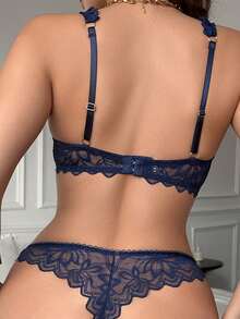 1 Set Women's Solid Color Lace Underwire Bra Set, Sexy & Mature - Blue - View 2