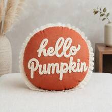 復古現代農舍風秋季「Hello Pumpkin」刺繡圓形抱枕套 43cm 米色與陶土色美學裝飾靠墊套 - 亮橙色 - 查看 5