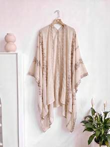 1件優雅花卉刺繡開襟女款和服披肩，沙龍裙，春夏波希米亞風外套，海灘度假防曬，裝飾刺繡開襟衫，適合日常穿著，禮品首選 - 米色 - 查看 6