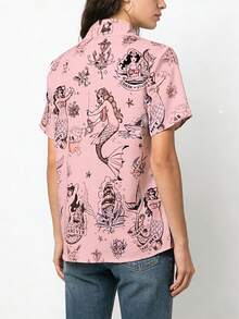 Women's Retro Mermaid Pattern Pink Shirt, Tattoo Style Short Sleeve Button-Up Blouse, Loose Fit Casual Summer Top - Pink - View 3