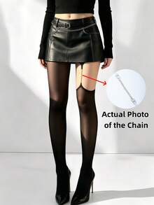 1 Pair Plus Size Women's Tights, Single Side Chain Stitch Design, European And American Y2K Style, Sexy And Fashionable - Black - View 7