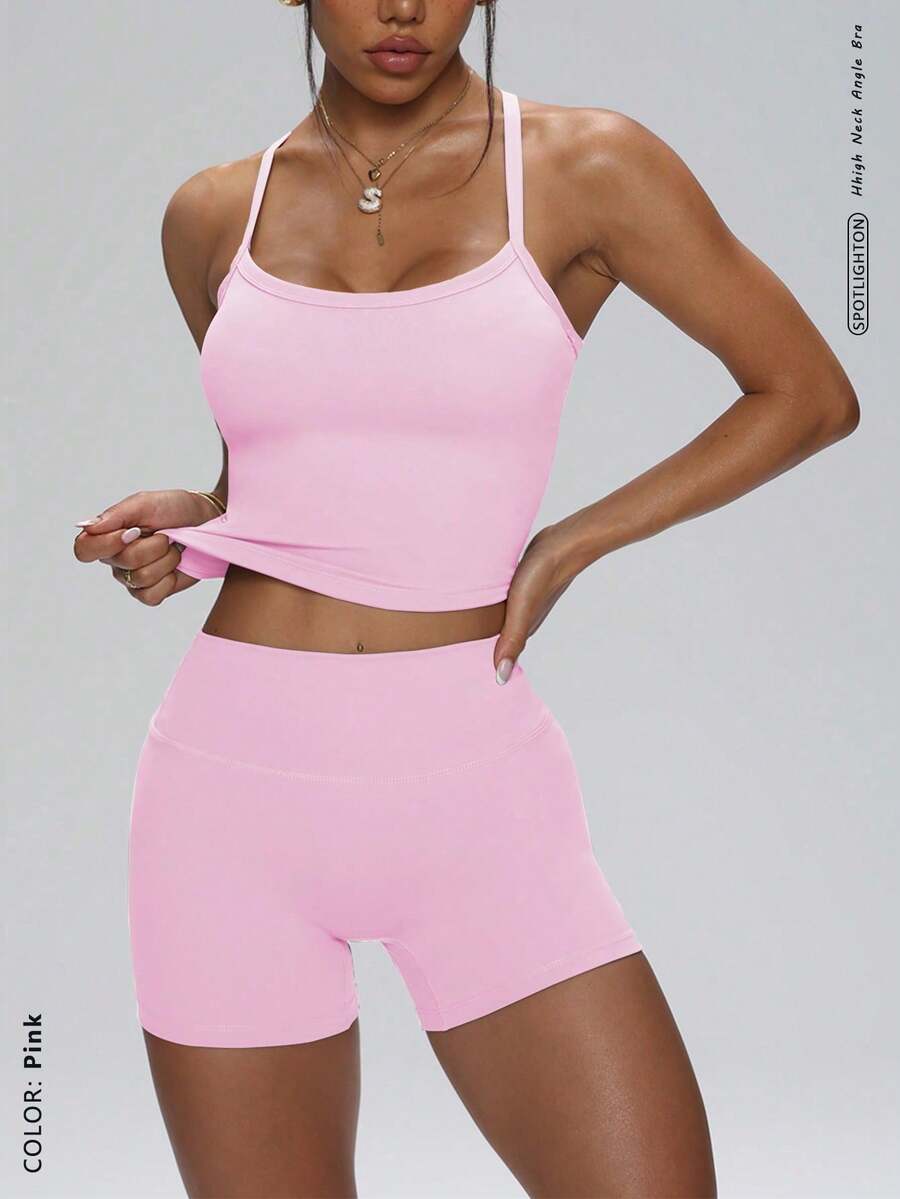 FWH Fresh Quiet Minimalist Fitness Style College Fresh Sports Style, Women's Sports Tank Top And Shorts 2 Pieces Set Summer - 淺粉色 - 查看 1