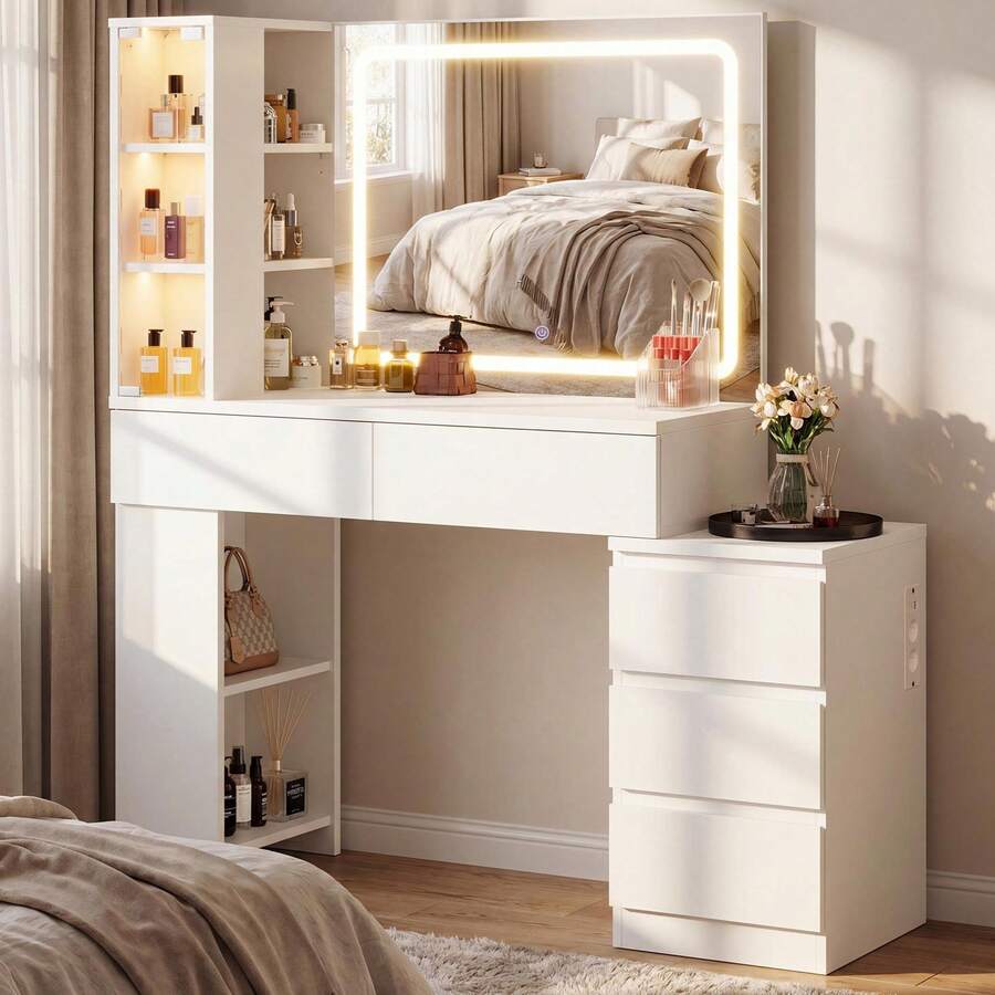 Devoko Vanity Table With LED Mirror, Dressing Table With 5 Drawers, 3 Illuminated Display Cabinets, Open Shelves, Bag Storage, Power Panel, And Selectable Chair Combination, White - 查看 1