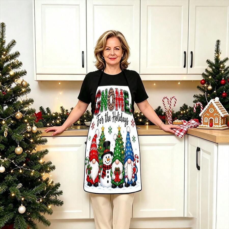 1pc Christmas Santa Claus, Christmas Bell, Christmas Snowflake, Christmas Reindeer, Christmas Tree, Christmas Snowman, Christmas Penguin, Christmas Cartoon Animal Pattern Chef Apron, Apron, Suitable For Home Decor And Kitchen Use. Made Of 100% Polyester Material, Designed As Sleeveless Style, Perfect For Home Kitchen, Outdoor BBQ Cooking. This Printed Apron Is Unisex, Machine Washable And Reusable, An Essential Kitchen Item - Multicolor - View 1