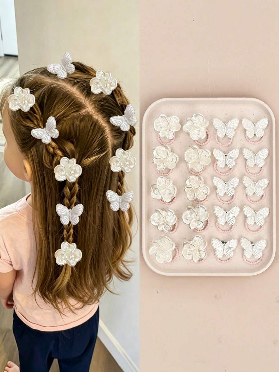 14 buah Ikat Rambut Tipis Motif Mawar dan Kupu-kupu 3D Warna Pink untuk Anak Perempuan, Aksesori Rambut Bunga yang Halus dan Serbaguna - MultiWarna - View 1