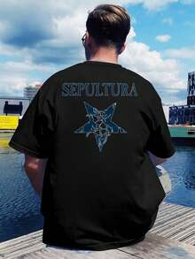 Herren T-Shirt aus Baumwolle mit Grafikdruck, Kurzarm, Rundhalsausschnitt, lässiger Sommerstil Lager vor Ort - Schwarz - Übersicht 1