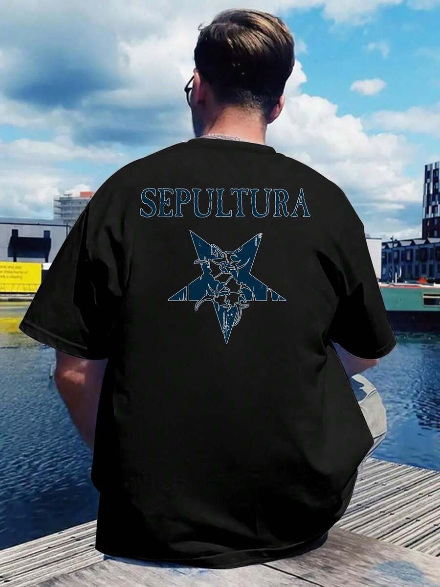 Herren T-Shirt aus Baumwolle mit Grafikdruck, Kurzarm, Rundhalsausschnitt, lässiger Sommerstil Lager vor Ort - Schwarz - Übersicht 1