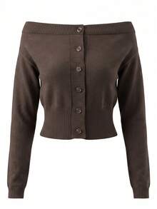 Women's Off-Shoulder Long Sleeve Cropped Sweater, Off-Shoulder Slimming Knit Top, Spring/Autumn - Brown - View 6