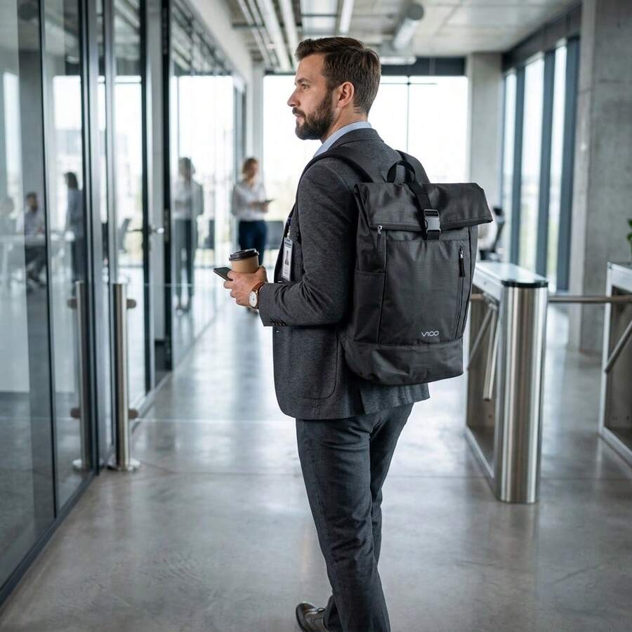 28L Black & Khaki 900D PU Shell Fabric Roll-Top Backpack, Water Resistant Urban Outdoor Series - Black - View 1