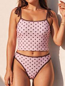 HOTTIE HABIT Damen süßes rosa & braunes Polka Dot Bikini Set mit Bindebändern, mittlere Taille hoch geschnitten zweiteiliger Badeanzug, süße Sommer Strandurlaub figurbetonte Badebekleidung - Verschiedenfarbig - Übersicht 6