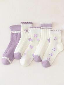 5 Pairs Summer Mesh Kids Socks, Sweet & Comfortable Bowknot, Floral Pattern Casual Mid-Calf Socks, Suitable For 1-16 Years Old Girls - Multicolor - View 6