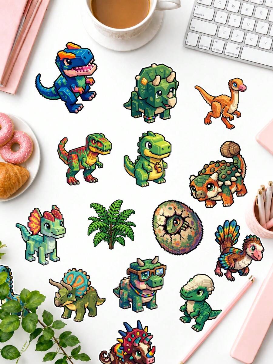 50Pcs Cute Pixel Dinosaur Vinyl Sticker Set, Pixel Art Dino Decals For Dinosaur & Pixel Art Lovers Gift, Back To School Supplies Craft Kit & Journal Supplies - Multicolor - View 1