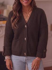 Plus Size Women Solid Color Casual Versatile Daily Wear Cardigan - Coffee Brown - View 3