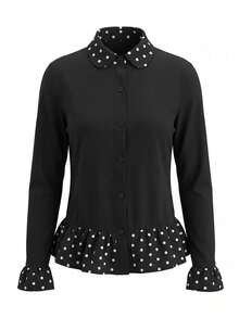 Kaos Lengan Panjang Kerah Peter Pan Motif Polkadot Hitam untuk Wanita, Gaya INS, Model Slim Fit, Desain Menawan, Atasan Serbaguna - Hitam - View 6