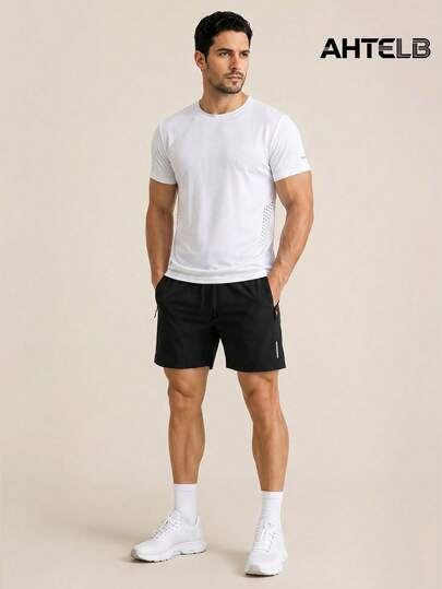 AHTELB Men's Summer Sports 2-Piece Set, Side Perforated Breathable Short Sleeve Top With Slightly Elastic Reflective Zipper Pocket Shorts, Thin Breathable Quick-Dry Morning Run Fitness Outfit, Suitable For Daily Outdoor Sports, Leisure And Commuting, Gift For Husband, Boyfriend, Friend And Father Men 2 Pieces Set