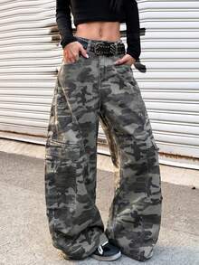 1pc Japanese Street Style Women's Multi-Pocket Curved Leg Loose Comfortable Wide Leg Jeans Long Pants (This Product Does Not Include Belt/Accessories) - Grey - View 7