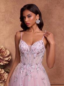 Women's 3D Floral Decor Luxurious High Waist Spaghetti Strap Maxi Evening Dress Pink Wedding - Pink - View 8