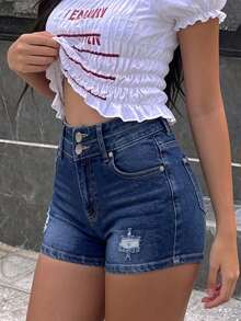 Women's Casual Distressed Denim Shorts With Pockets And Button Decor, Slightly Stretchy Straight Leg Fit, Suitable For Summer Wear - Dark Wash - View 5