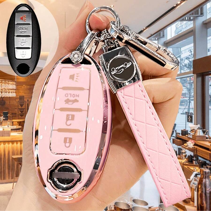 4-Button Key Fob Cover For Nissan (Includes Key Ring), Soft TPU Key Shell, Key Fob Protector, Compatible With Nissan Altima Sentra Maxima Rogue Armada Pathfinder Infiniti Smart Remote Key, Gift, Black, Silver